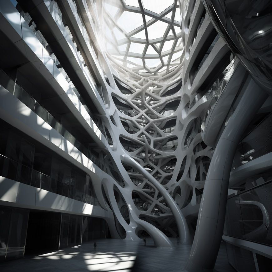 Atrium mit verschlungener Konstruktion. Die Architekten sprechen von einem “Exoskelett” aus Stahl.